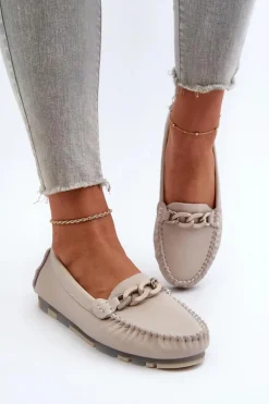 Skórzane Mokasyny Damskie Z Ozdobą Beżowe S.Barski LR339