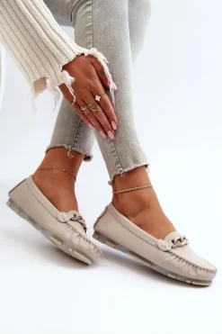 Skórzane Mokasyny Damskie Z Ozdobą Beżowe S.Barski LR339