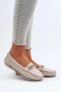 Skórzane Mokasyny Damskie Z Ozdobą Beżowe S.Barski LR339