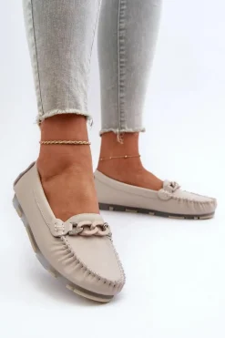 Skórzane Mokasyny Damskie Z Ozdobą Beżowe S.Barski LR339