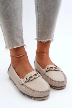 Skórzane Mokasyny Damskie Z Ozdobą Beżowe S.Barski LR339