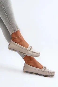 Skórzane Mokasyny Damskie Z Ozdobą Beżowe S.Barski LR339