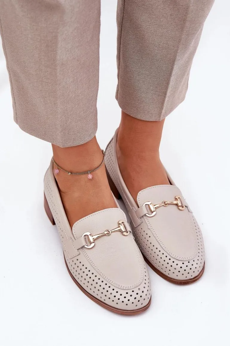 Skórzane Mokasyny Damskie Z Ozdobą Na Płaskim Obcasie S.Barski LR51-588 Beżowe