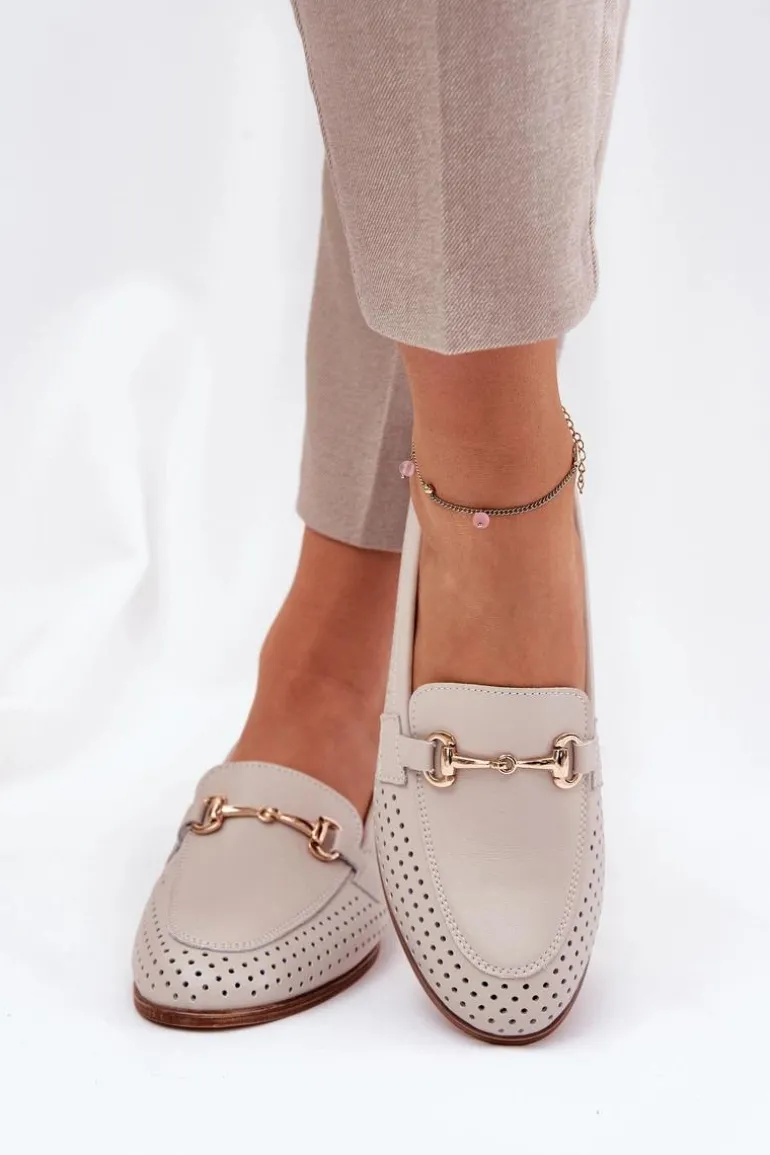 Skórzane Mokasyny Damskie Z Ozdobą Na Płaskim Obcasie S.Barski LR51-588 Beżowe