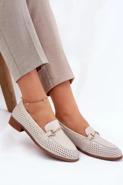 Skórzane Mokasyny Damskie Z Ozdobą Na Płaskim Obcasie S.Barski LR51-588 Beżowe