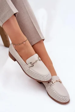 Skórzane Mokasyny Damskie Z Ozdobą Na Płaskim Obcasie S.Barski LR51-588 Beżowe