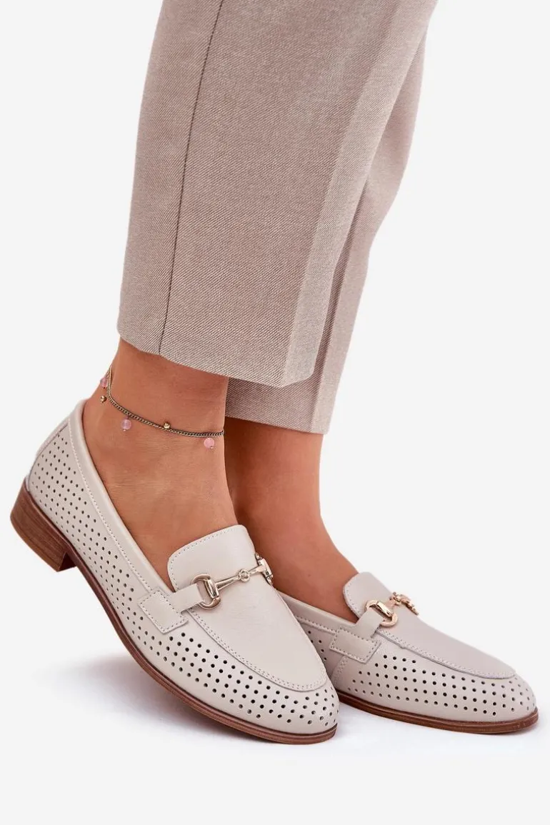 Skórzane Mokasyny Damskie Z Ozdobą Na Płaskim Obcasie S.Barski LR51-588 Beżowe