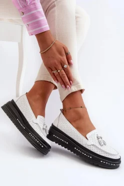 Skórzane Mokasyny Damskie Na Platformie Białe Assetnima