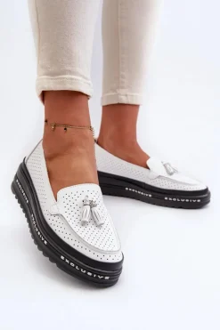 Skórzane Mokasyny Damskie Na Platformie Białe Assetnima