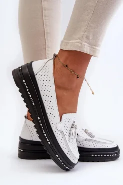 Skórzane Mokasyny Damskie Na Platformie Białe Assetnima