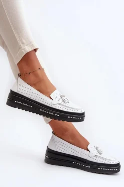 Skórzane Mokasyny Damskie Na Platformie Białe Assetnima