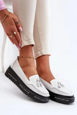Skórzane Mokasyny Damskie Na Platformie Białe Assetnima