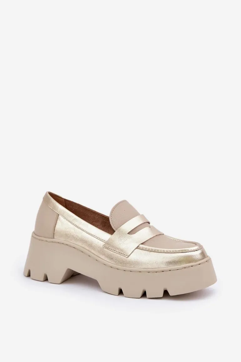 Skórzane Mokasyny Damskie Na Platformie I Płaskim Obcasie Zazoo 20191 Złote