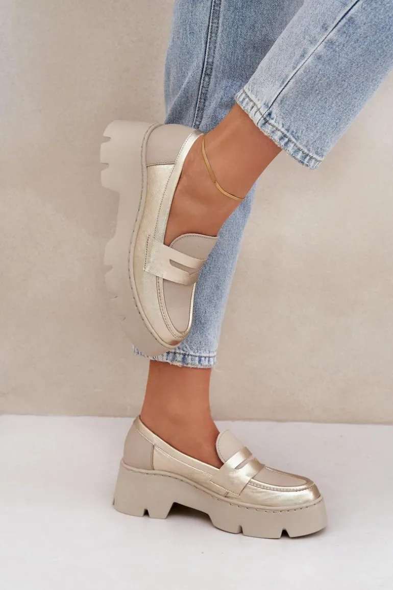 Skórzane Mokasyny Damskie Na Platformie I Płaskim Obcasie Zazoo 20191 Złote