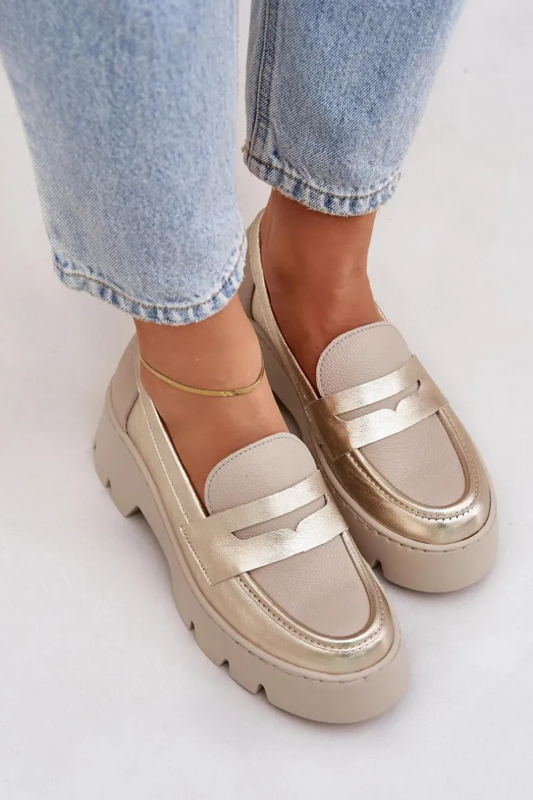 Skórzane Mokasyny Damskie Na Platformie I Płaskim Obcasie Zazoo 20191 Złote