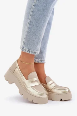 Skórzane Mokasyny Damskie Na Platformie I Płaskim Obcasie Zazoo 20191 Złote
