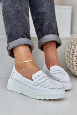 Skórzane Mokasyny Damskie Na Platformie I Koturnie Białe Elanindel