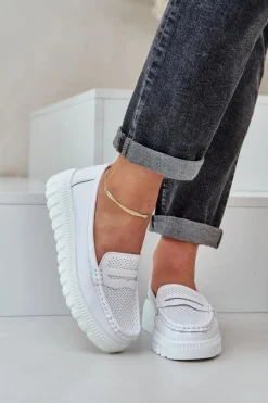 Skórzane Mokasyny Damskie Na Platformie I Koturnie Białe Elanindel