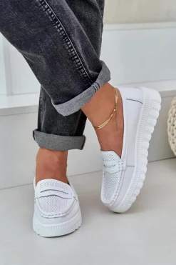 Skórzane Mokasyny Damskie Na Platformie I Koturnie Białe Elanindel