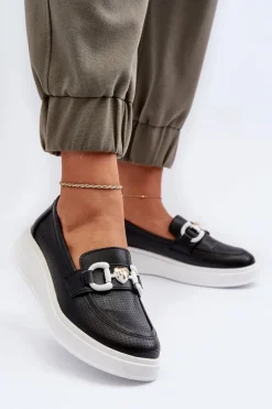 Skórzane Mokasyny Damskie Na Platformie Czarne S.Barski LR720