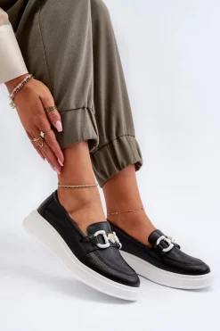 Skórzane Mokasyny Damskie Na Platformie Czarne S.Barski LR720