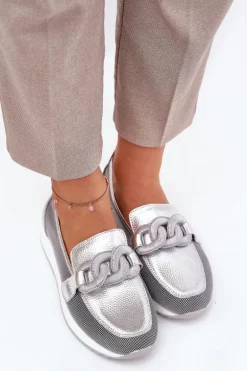 Skórzane Mokasyny Damskie Z Ozdobą D&A LR51-966 Srebrne