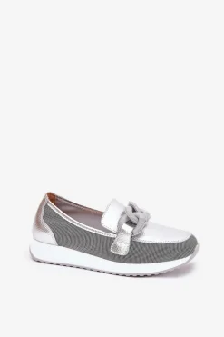 Skórzane Mokasyny Damskie Z Ozdobą D&A LR51-966 Srebrne
