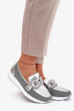 Skórzane Mokasyny Damskie Z Ozdobą D&A LR51-966 Srebrne