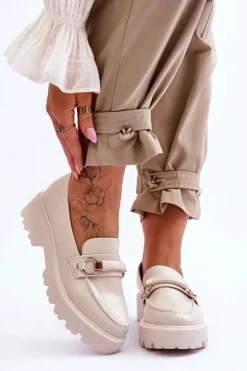 Skórzane Mokasyny Damskie Beżowe Camerin