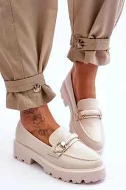 Skórzane Mokasyny Damskie Beżowe Camerin