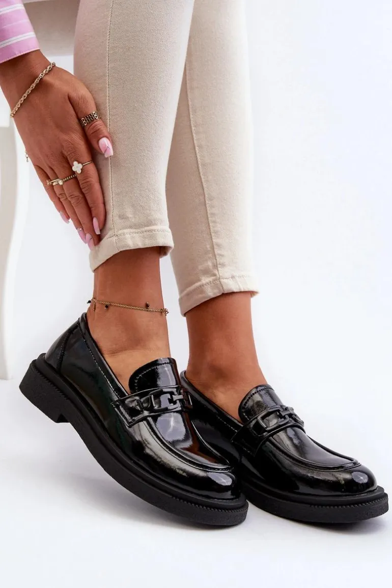 Skórzane Mokasyny Damskie Lakierowane Czarne Keelana