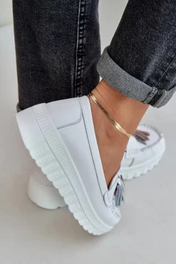 Skórzane Mokasyny Damskie Z Frędzlami Na Platformie I Koturnie Białe Eleazetta