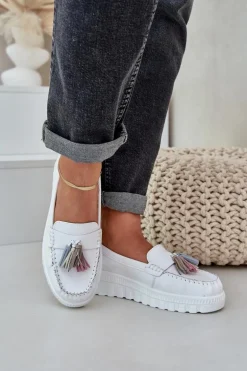 Skórzane Mokasyny Damskie Z Frędzlami Na Platformie I Koturnie Białe Eleazetta