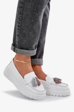 Skórzane Mokasyny Damskie Z Frędzlami Na Platformie I Koturnie Białe Eleazetta