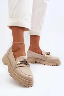 Skórzane Mokasyny Damskie Z Ozdobą Laura Messi 2780 Beżowe