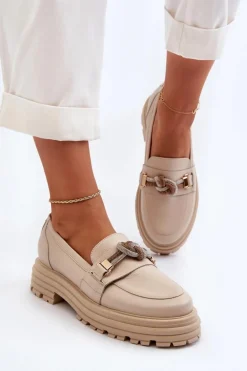 Skórzane Mokasyny Damskie Z Ozdobą Laura Messi 2780 Beżowe