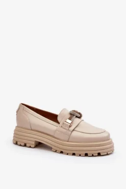 Skórzane Mokasyny Damskie Z Ozdobą Laura Messi 2780 Beżowe