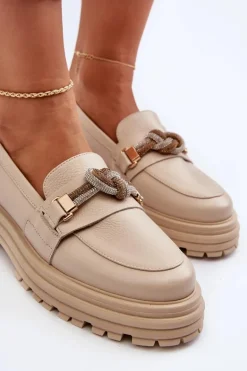 Skórzane Mokasyny Damskie Z Ozdobą Laura Messi 2780 Beżowe