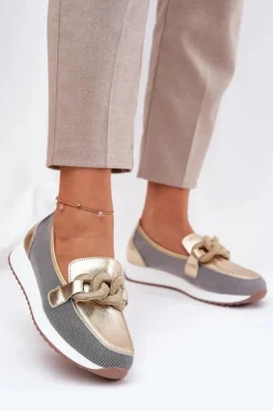 Skórzane Mokasyny Damskie Z Ozdobą D&A LR51-966 Złote