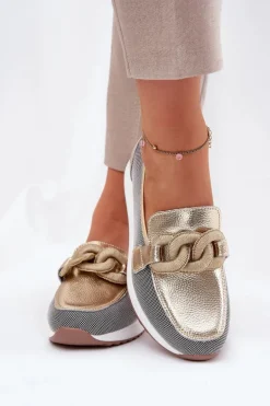 Skórzane Mokasyny Damskie Z Ozdobą D&A LR51-966 Złote