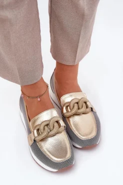 Skórzane Mokasyny Damskie Z Ozdobą D&A LR51-966 Złote