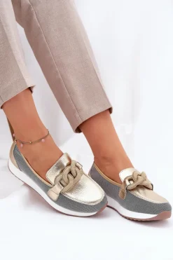 Skórzane Mokasyny Damskie Z Ozdobą D&A LR51-966 Złote