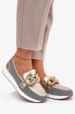 Skórzane Mokasyny Damskie Z Ozdobą D&A LR51-966 Złote