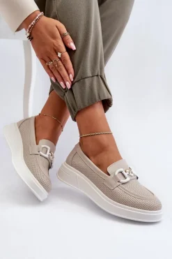 Skórzane Mokasyny Damskie Na Platformie Beżowe S.Barski LR720