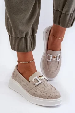 Skórzane Mokasyny Damskie Na Platformie Beżowe S.Barski LR720