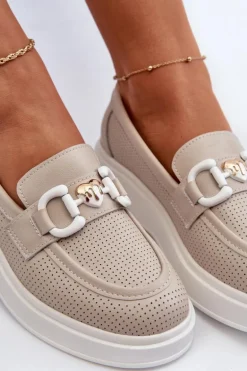 Skórzane Mokasyny Damskie Na Platformie Beżowe S.Barski LR720