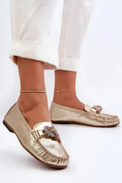 Skórzane Mokasyny Damskie Z Ozdobą Laura Messi 2761 Złote
