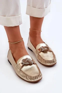 Skórzane Mokasyny Damskie Z Ozdobą Laura Messi 2761 Złote