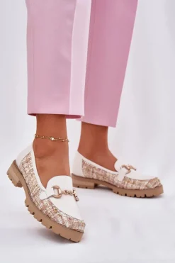 Skórzane Mokasyny Damskie Ze Złotym Detalem Laura Messi 2938 Jasnobeżowe