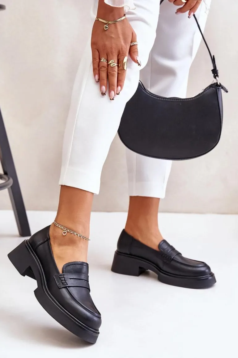 Skórzane Mokasyny Loafersy Damskie D&A JC42-61 Czarne